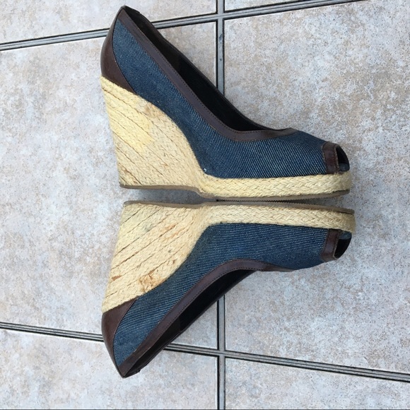 Fendi peep toe denim trim wedge espadrilles 37.5 - Picture 11 of 15